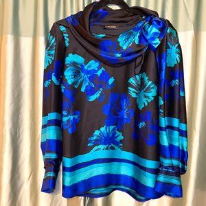 ELLEN KLOSS black blouse with blue and turquoise flowers with a belt, size L